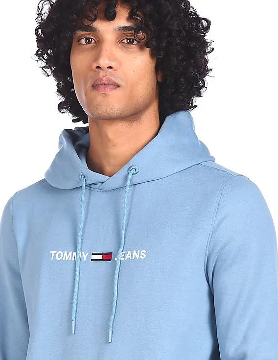 Tommy Hilfiger Men Light Blue Straight Logo Drawstring Hood Sweatshirt