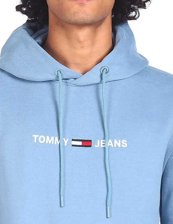 Tommy Hilfiger Men Light Blue Straight Logo Drawstring Hood Sweatshirt