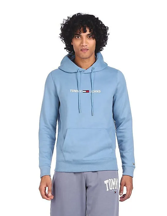 Tommy Hilfiger Men Light Blue Straight Logo Drawstring Hood Sweatshirt