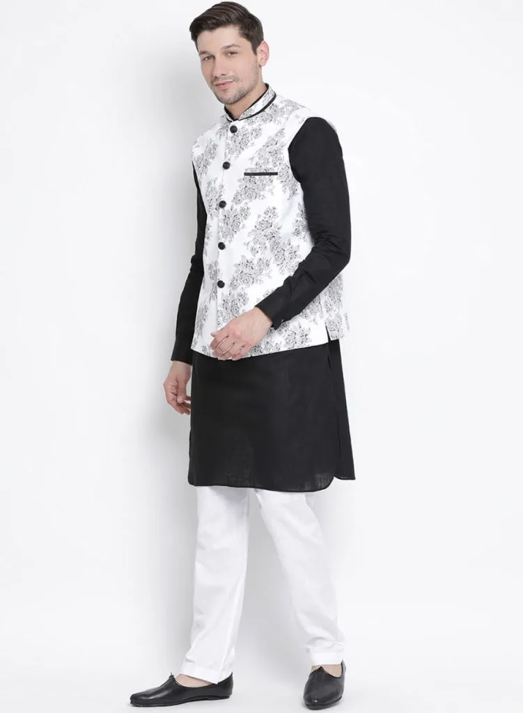 VASTRAMAY Men's Black Cotton Blend Kurta, Ethnic Jacket and Pyjama Set