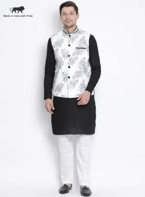 VASTRAMAY Men's Black Cotton Blend Kurta, Ethnic Jacket and Pyjama Set