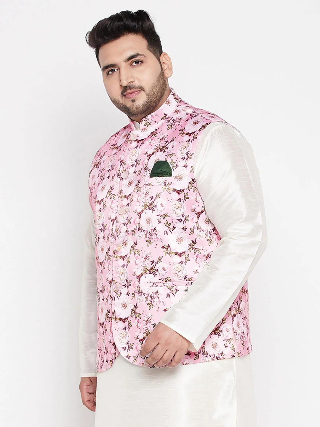 VASTRAMAY Men's Plus Size Pink Floral Print Silk Blend Nehru Jacket