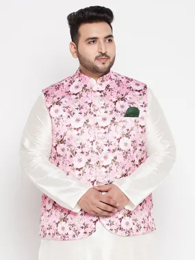 VASTRAMAY Men's Plus Size Pink Floral Print Silk Blend Nehru Jacket