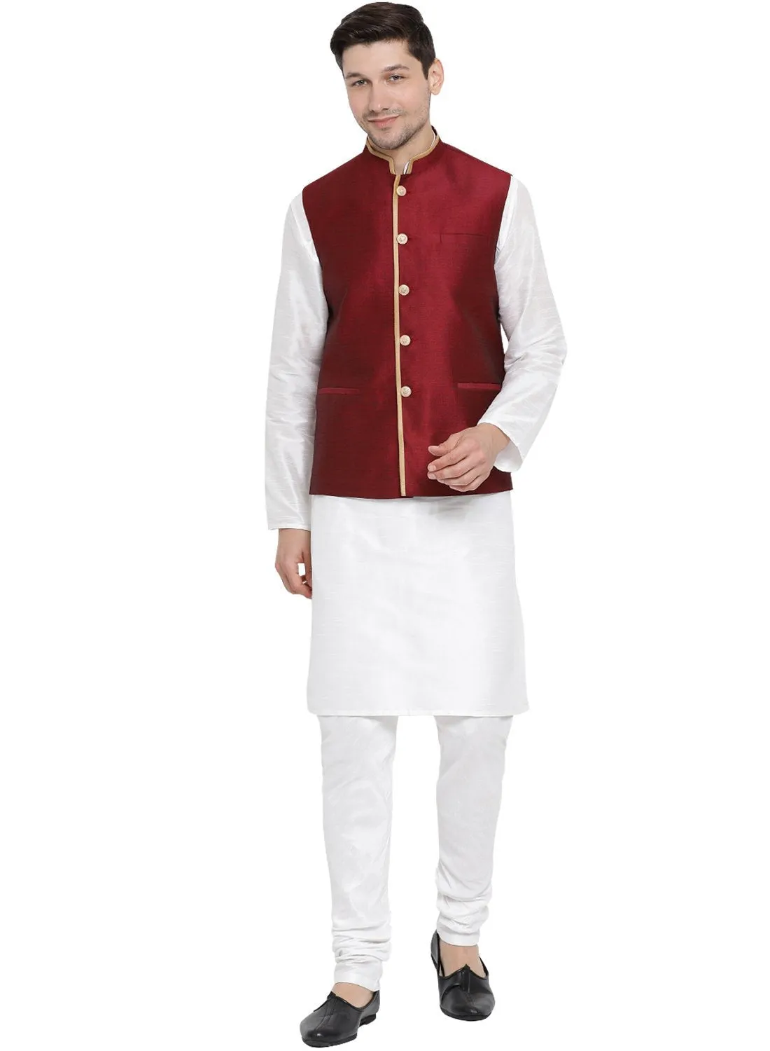 VASTRAMAY Men's White Cotton Silk Blend Kurta, Ethnic Jacket and Pyjama Set