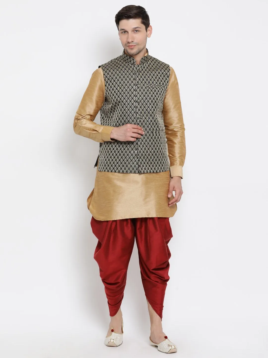 VM By VASTRAMAY Men's Black Silk Blend Jacket With Curved Kurta Dhoti Set