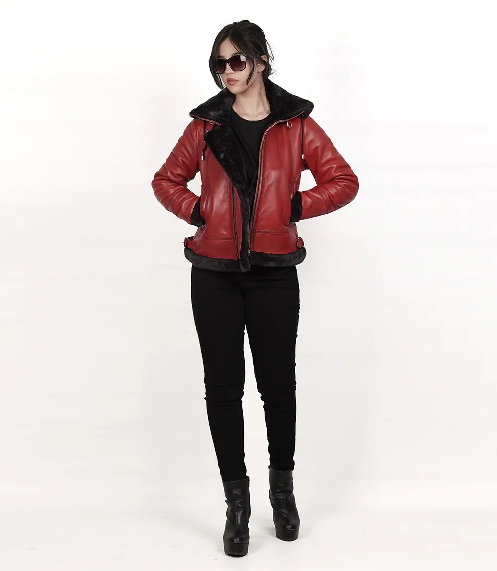 Women's Red B3 Aviator Bomber Leather Jacket